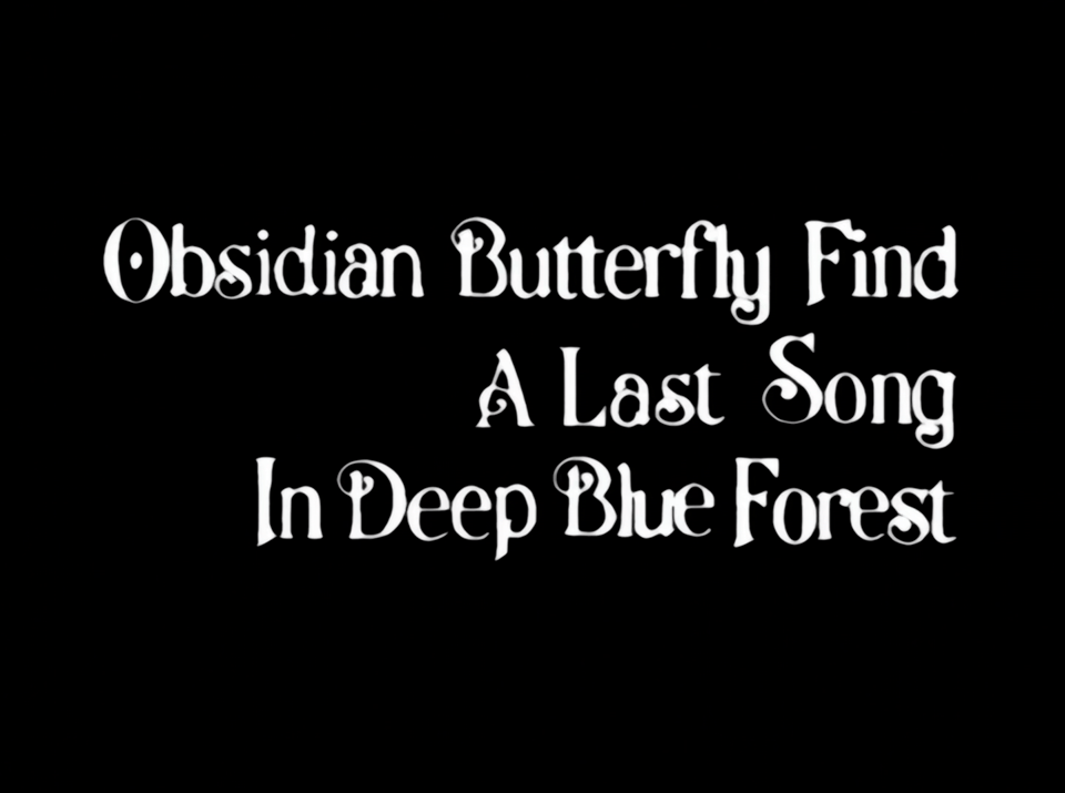 Text ID: Obsidian Butterfly Find A Last Song In Deep Blue Forest. A screencap from episode 25 of the anime TV series "RahXephon."