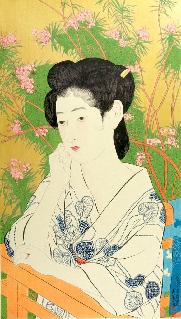 woman in traditional Japanese dress at an onsen