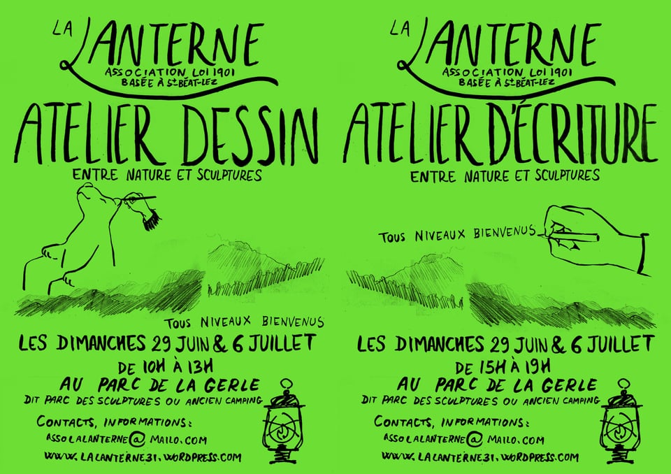 Les deux affiches des ateliers en question, avec des dessins de montagnes, d'un ours, d'une main écrivant.