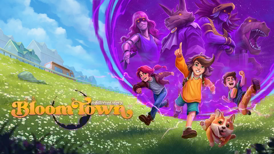 Image reads: Bloomtown: A Different Story in the left bottom corner.  The image shows Emily, her brother, a dog and a friend (Ramona) all smiling and running towards the viewer while purple shadows open up behind them, revealing a variety of monsters and foes. The idyllic titular town is shown in the background, mainly in the left half of the image.
