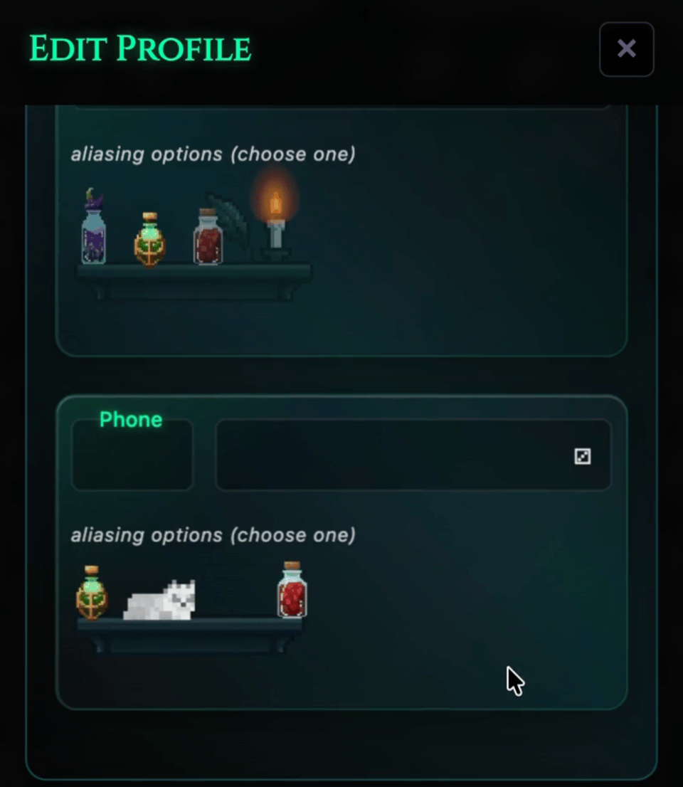 Screenshot from a pixel-art game interface labelled “Edit Profile.” Two shelf areas are visible, each showing selectable “aliasing options” represented by small potion bottles and objects. The top shelf contains three bottles and a candle; the lower shelf contains two bottles and a small white cat.