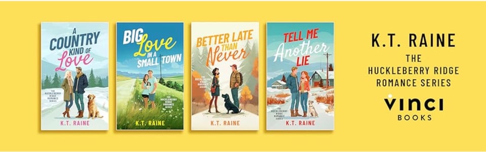 the image displays all four book covers of K.T. Raine's clean, contemporary Huckleberry Ridge Romance series with bright, illustrated colors.