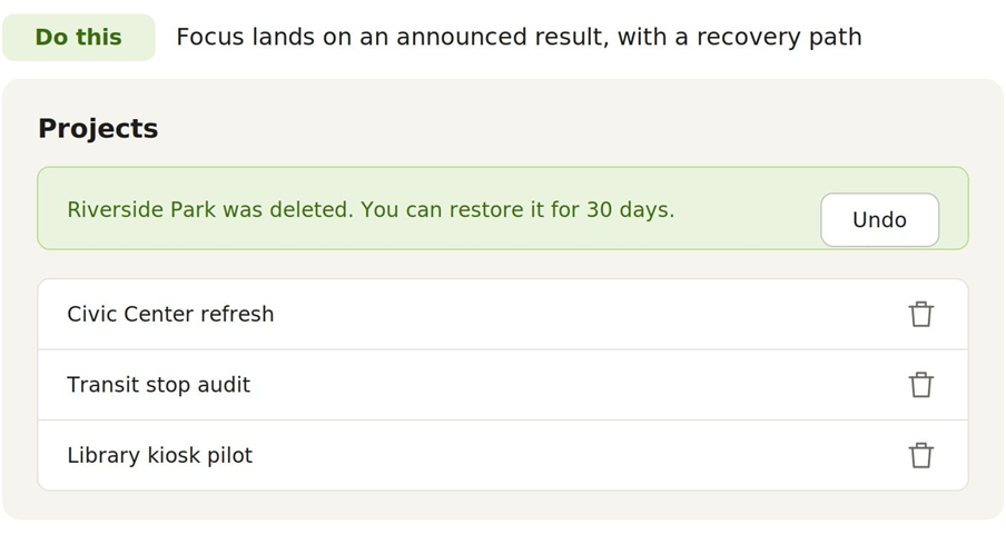 Project list displaying a successful deletion message with an Undo button and a 30-day restoration period.