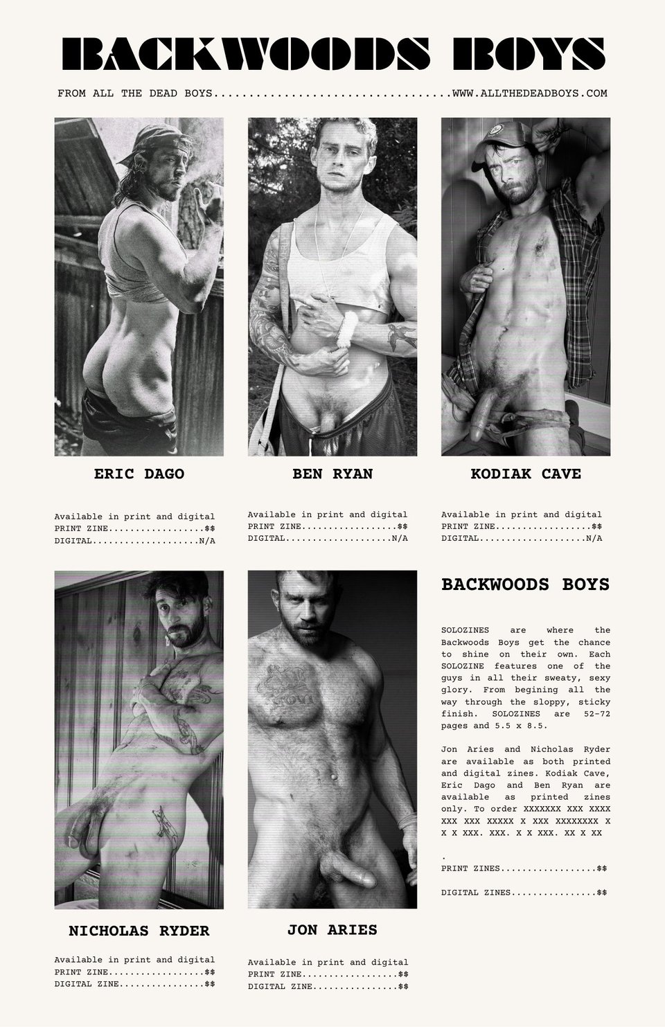 flyer advertising the different BACKWOODS BOYS zines available