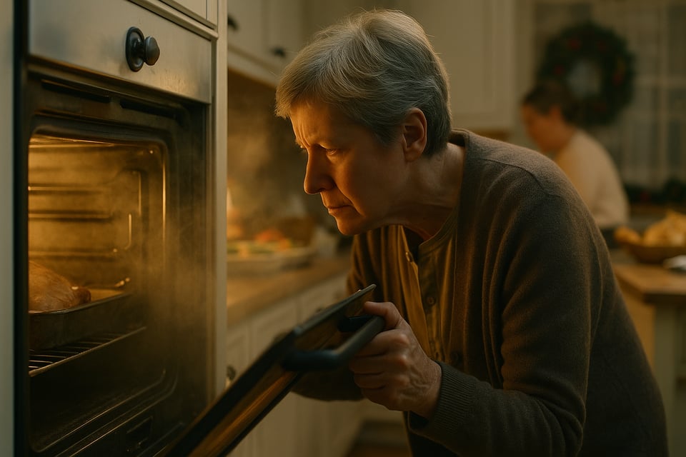16:9 photorealistic Thanksgiving kitchen scene. A cautious older relative (60s, gender-neutral) gently opening the oven door and peeking in with skeptical focus. Steam and warm light from the oven. Subtle holiday details in the background. Clean, documentary-style lighting.