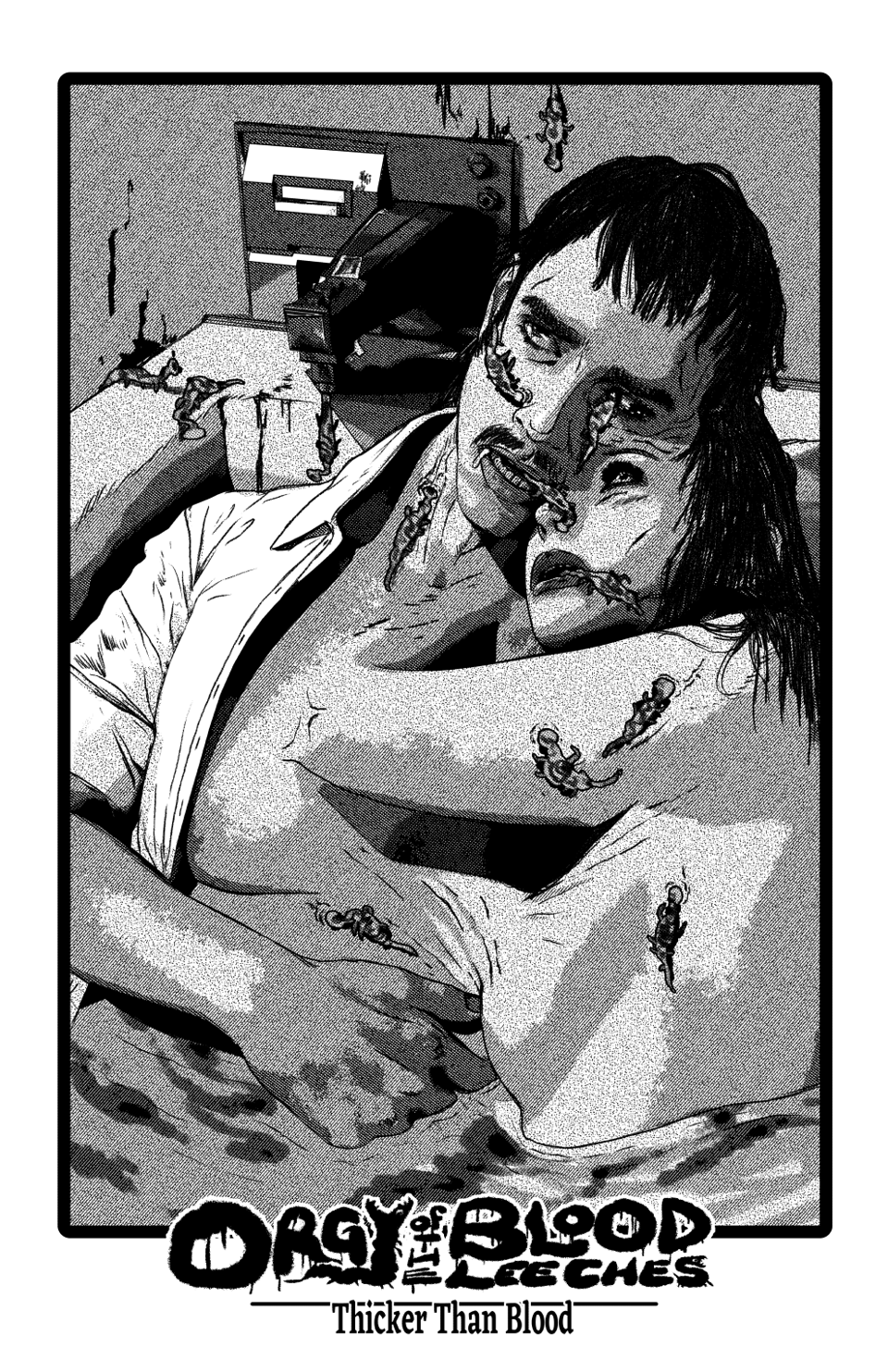 man and woman merging in a bathtub covered in leeches