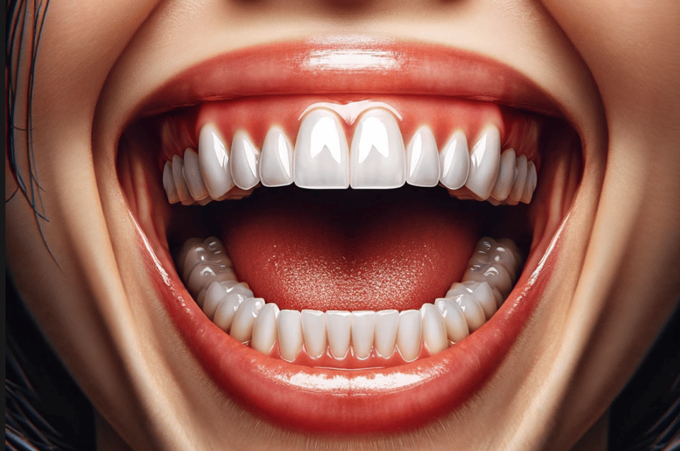 AI-generated woman showing off way too many teeth
