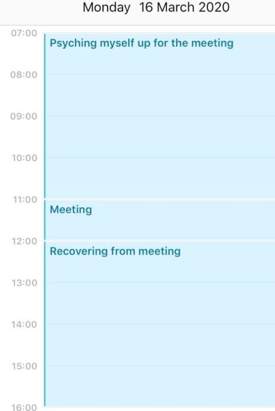 Calendar time slots with huge buffers for psyching up before and recovering after the meeting
