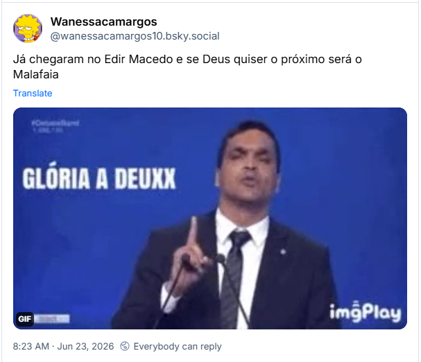 Post de Wanessacamargos (‪@wanessacamargos10.bsky.social‬): Já chegaram no Edir Macedo e se Deus quiser o próximo será o Malafaia (gif do Cabo Daciolo pregando em frente a um fundo azul e dizendo Gloria a Deux)
