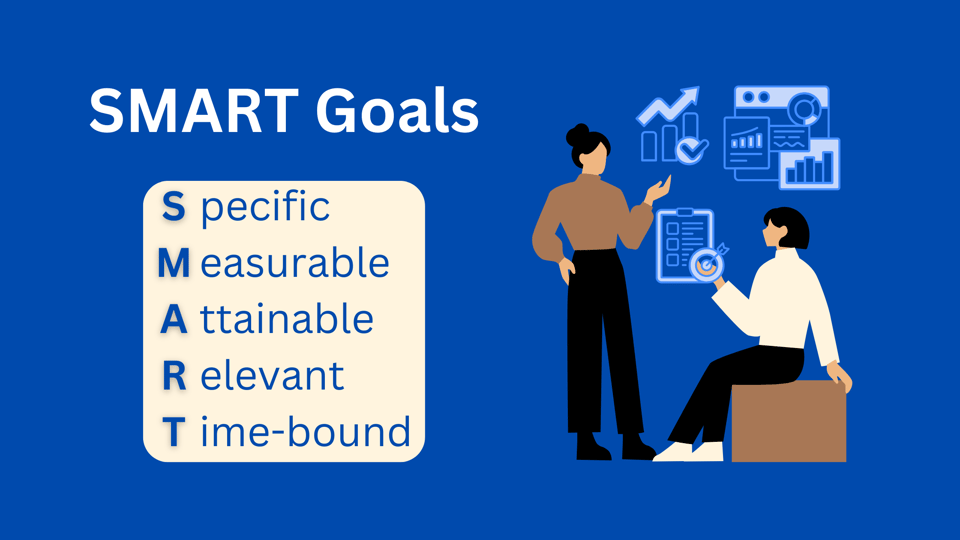An image of SMART Goals with graphics of two people talking and charts on the background