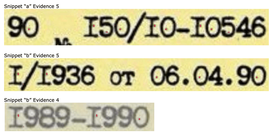 Some lines from the forged documents, with the specks of dust highlighted in red.