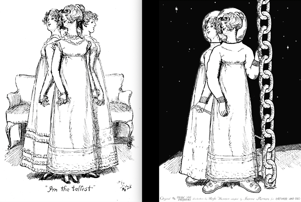 On the left is Hugh Thomson's illustration of Lydia Bennet comparing her height with two of her sisters and saying "I'm the tallest"; on the right, the third sister has been removed and Lydia and Elizabeth Bennet stand on a surface with a giant cable of chain links coming out of it, which Lydia is holding on to. Elizabeth is holding a rope tied to the cable. Both women wear glass helmets and bulky spacesuits. In the background, the darkness of space with a few scattered stars.