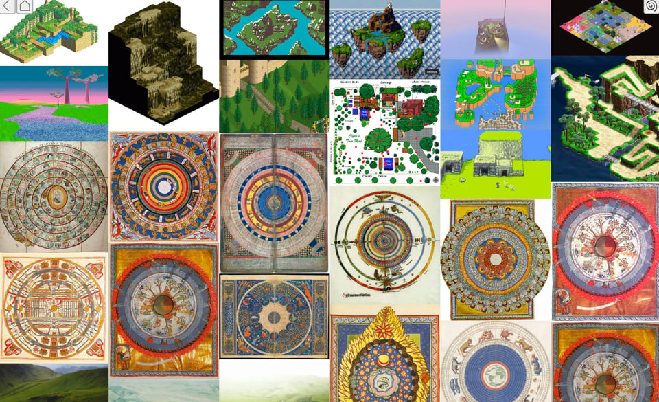 A screenshot of the opening screen of "River", showing a grid of pictures of mandalas