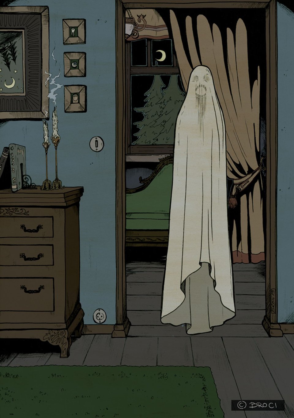 An illustration of a spooky ghost hanging out in a doorway