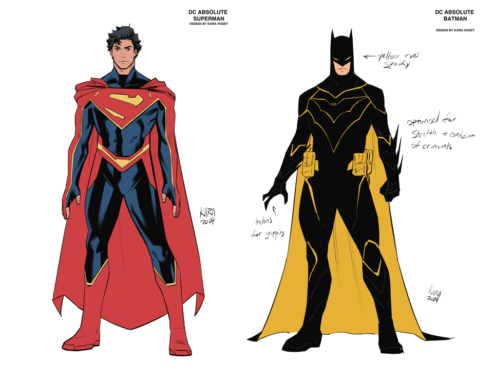 Fan designs by Kara Huset for "Absolute" Superman and Batman.