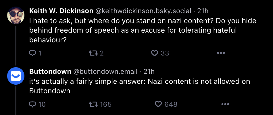 Buttondown's statement about Nazis: "Nazi content is not allowed on Buttondown" (posted on bluesky)