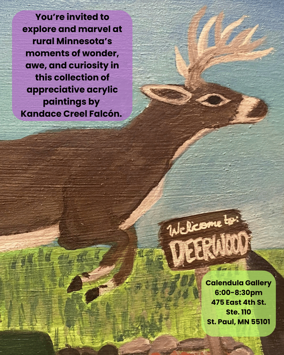 Painting of the front half of a buck leaping in a rural MN scene and a sign that reads "welcome to Deerwood"