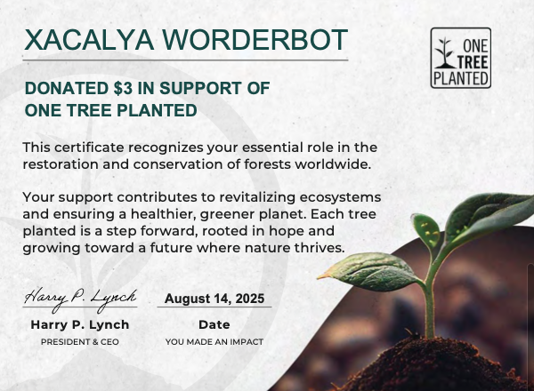 Certificate showing donation to plant three trees through One Tree Planted non-profit organization.