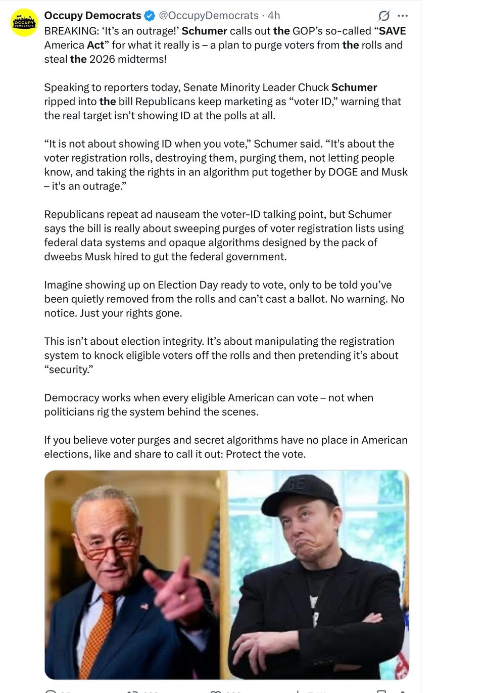 Chuck Schumer and the Dems will stop the Save Act, no matter.