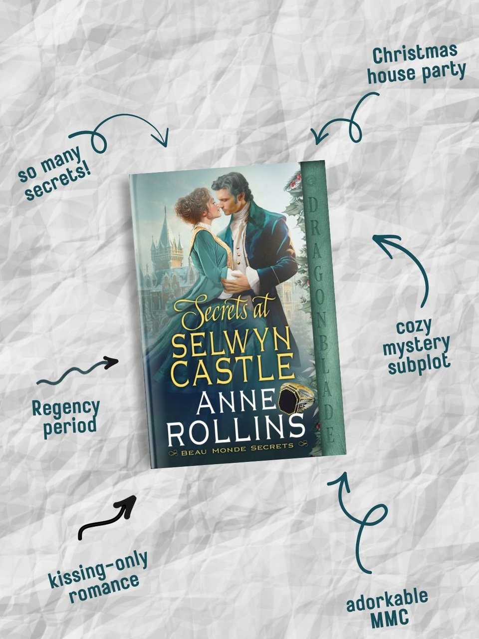 White background. In the center is a book cover for “Secrets at Selwyn Castle” by author “Anne Rollins.” Cover depicts a white man and a white woman in Regency clothing gazing into each other’s eyes. Arrows coming from the cover point to green print with words or phrases. Clockwise from upper left, these texts read “so many secrets,” “Christmas house party,” “cozy mystery subplot,” “adorkable MMC,” “kissing-only romance,” and “Regency period.”