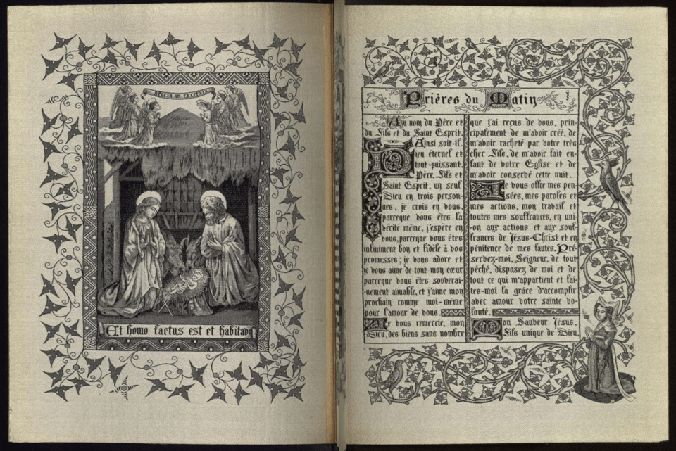 A picture of the woven book, laid open to two pages -- on the left side, a picture of two people sitting facing one another; on the right hand side, two columns of text in French