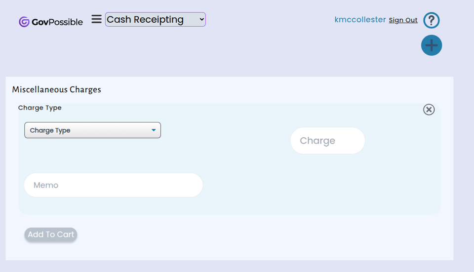 Cash Receipting Hat screen defaulting to a miscellaneous charge