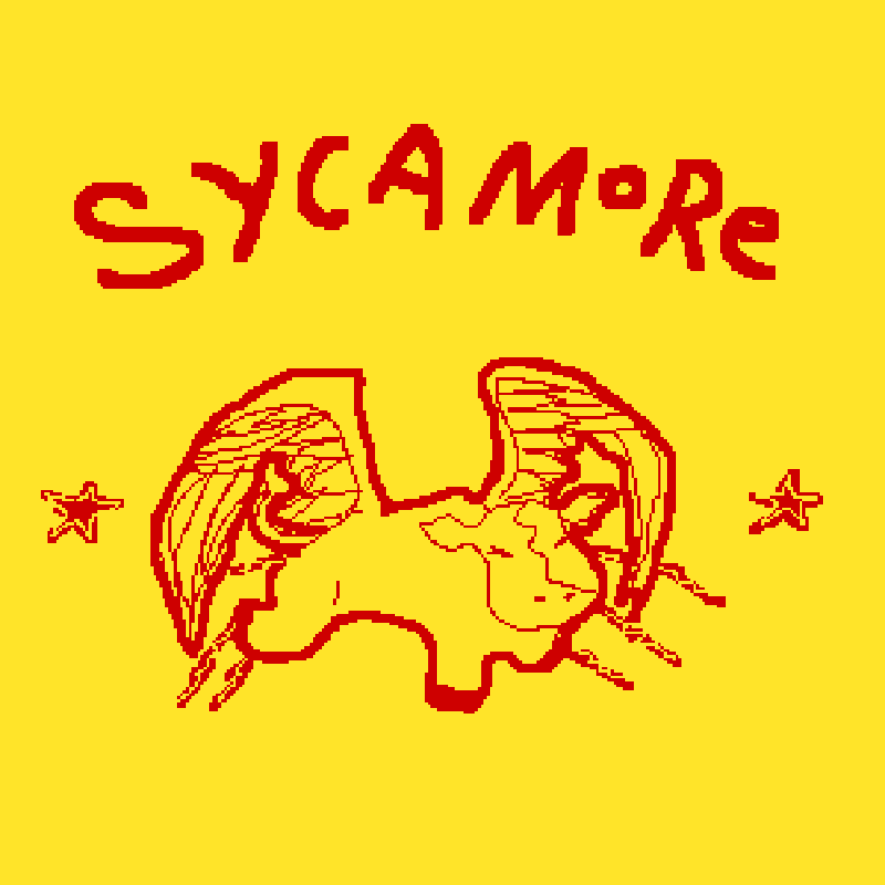 The word SYCAMORE above a winged bovine flanked by two stars all in red on a yellow background