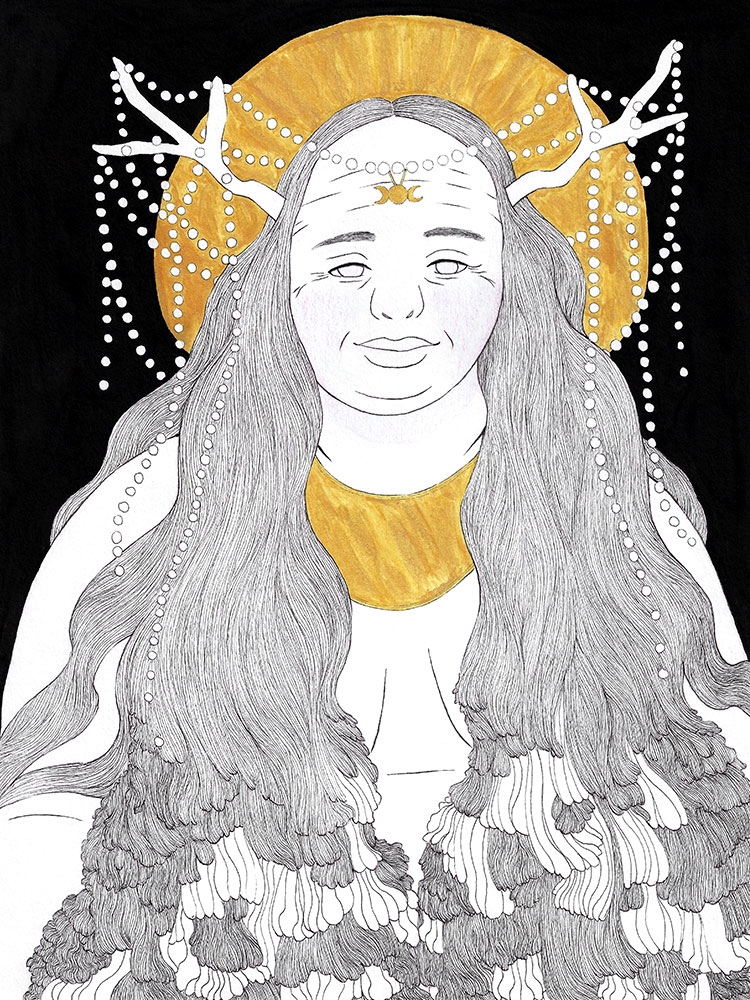 Black, white, and gold illustration of a fat goddess. They have long, wavy hair that eventually turns into mushrooms at the bottom, with antlers that are draped in strings of pearls. There's a gold circle behind their head. They wear a gold lunula necklace around their neck and a symbol of the goddess hangs from a string of pearls across their forehead.