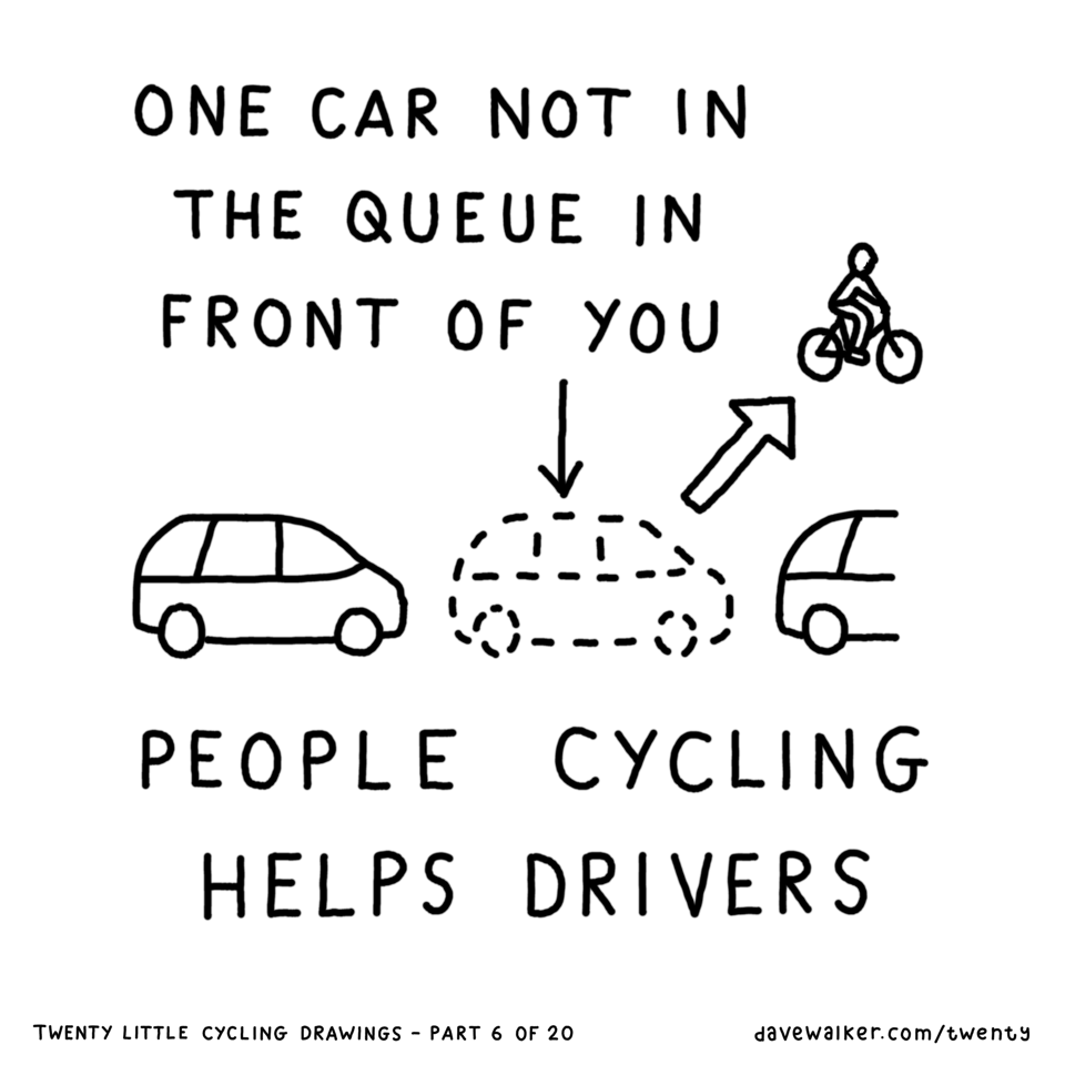 A Dave Walker cartoon captioned 'People Cycling Helps Drivers', showing one less car on the road.