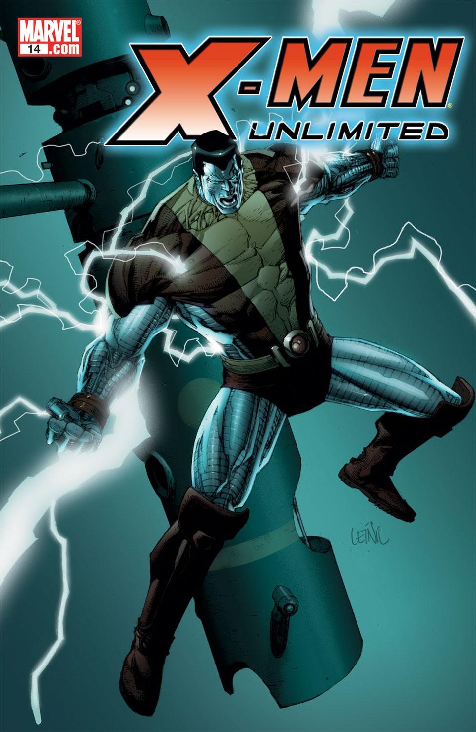 The cover image for X-Men Unlimited #14. Art by Leinl Yu, featuring Colossus against a grey and green background, with lightning striking in the background