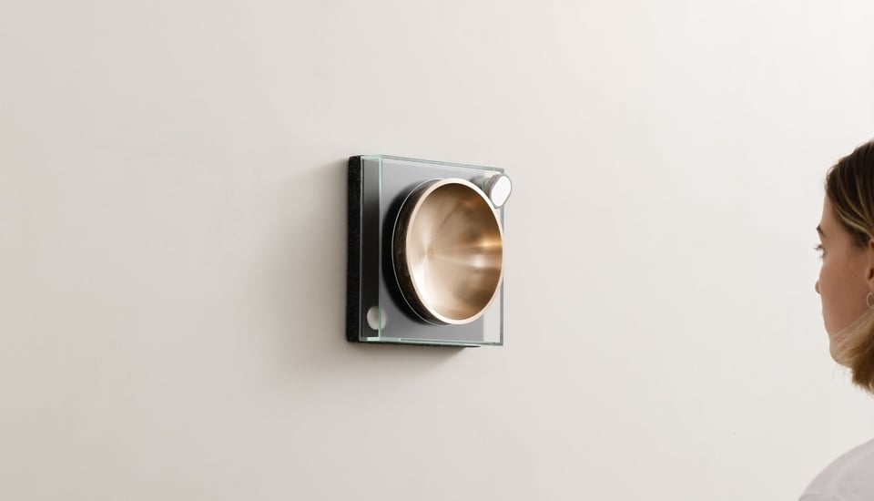 A picture of a device on a plain blank wall. It looks almost like a clock, except instead of a clock-face there is a brass flat bowl attached to a dark square covered in glass. In the far right there is a blonde woman, half out of the frame, looking at it