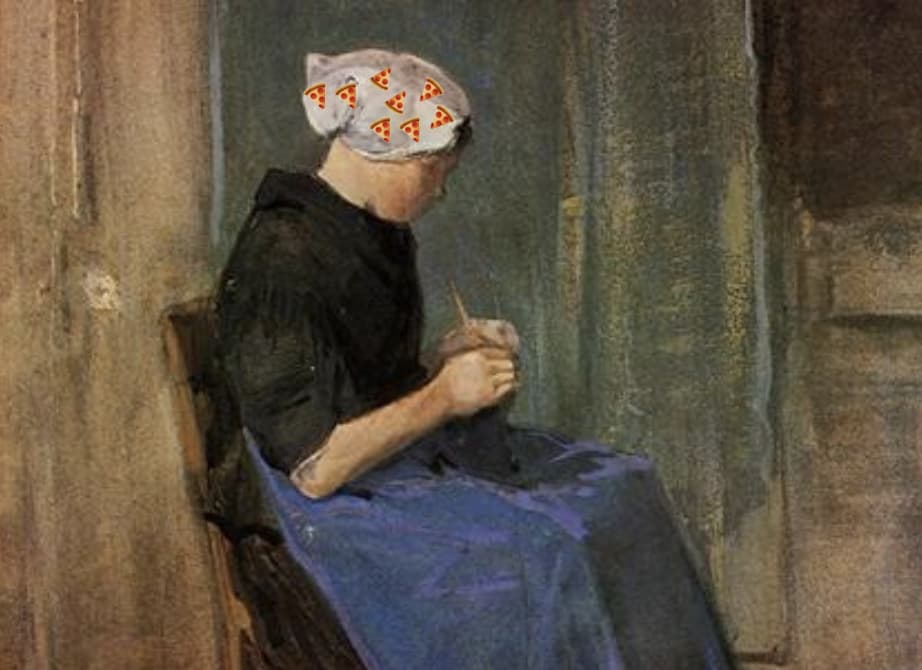 A painting of a woman knitting