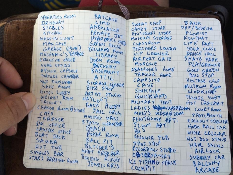 A small, open notebook with the pages crammed with handwritten lists of locations in blue ink