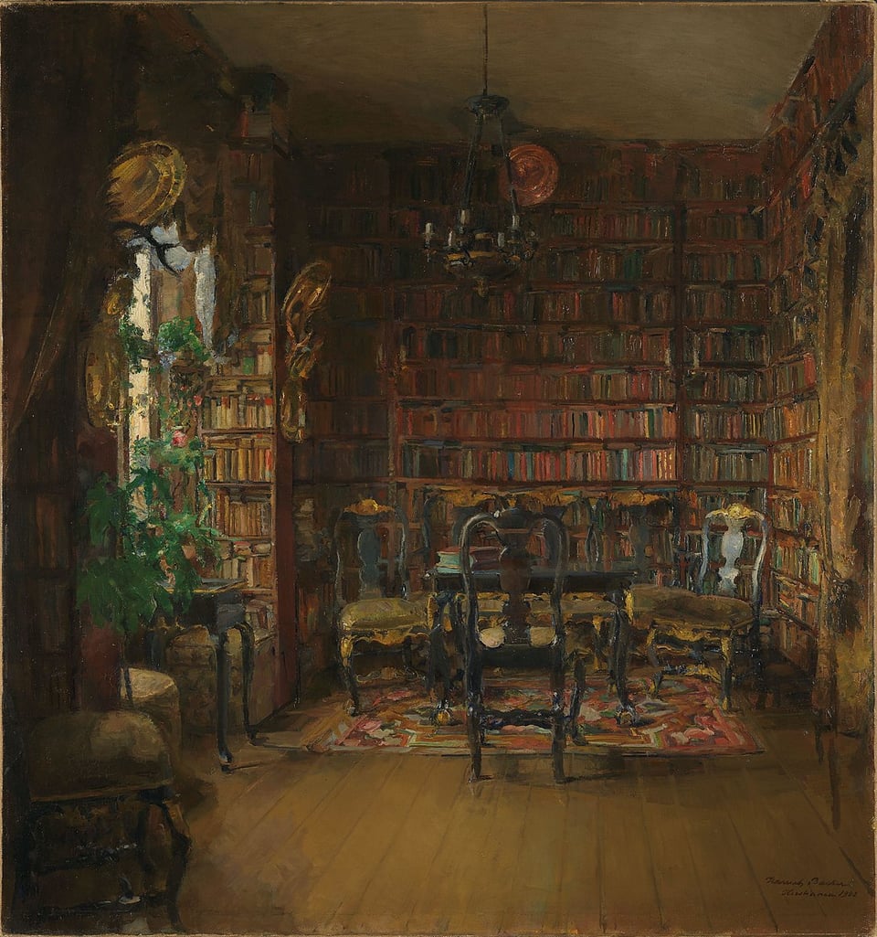 A painting of a small room with bookshelfs, dimly lit from a window.
