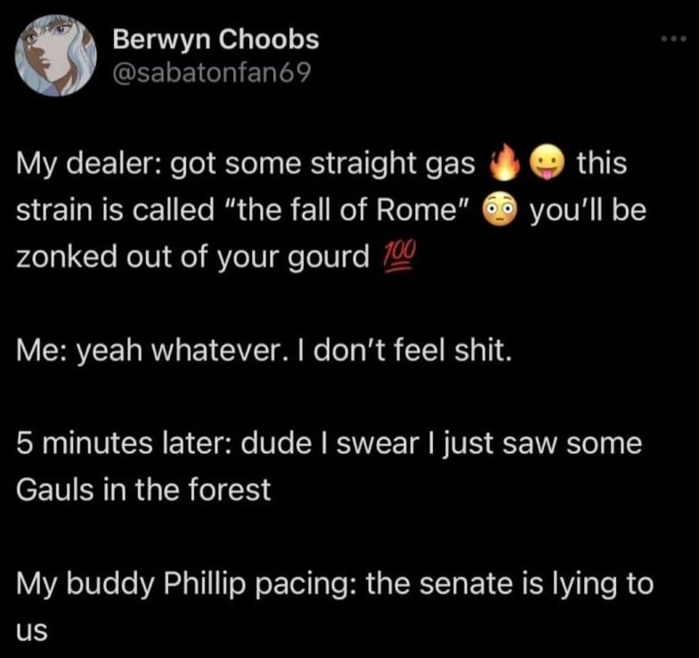 sabatonfan69: My dealer: got some straight gas. This strain is called "the fall of Rome". You'll be zonked out of your gourd. Me: yeah, whatever. I don't feel shit. 5 minutes later: dude I swear I just saw some Gauls in the forest. My buddy Philip pacing: the senate is lying to us.