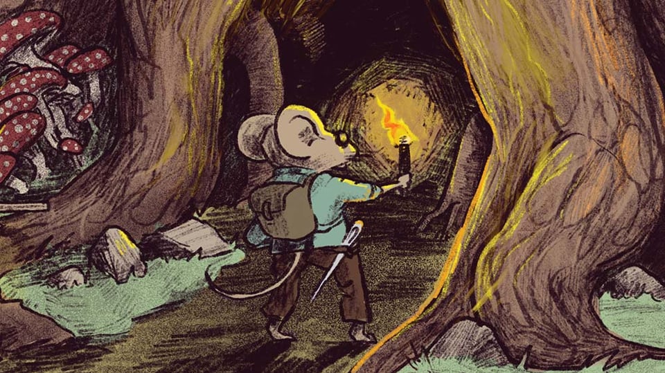 A mouse on two legs, wearing simple clothes, carrying a torch, with a needle hanging off of its belt like a sword.