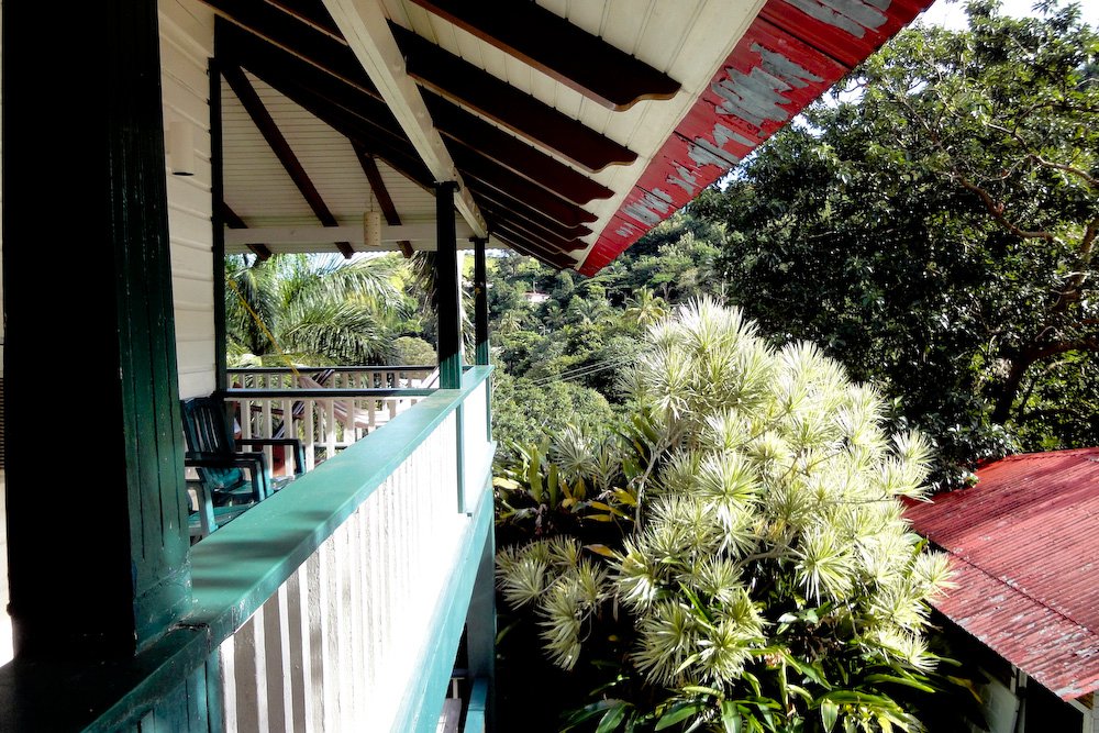 A wooden balcony with dark green railings and a red metal roof overlooks lush tropical foliage and trees, evoking a serene, jungle-like ambiance.