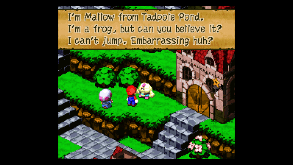 Screenshot de Super Mario RPG, com a nuvenzinha antropomórfica falando: "I'm Mallow from Tadpole Pond. I'm a frog, but can you believe it? I can't jump. Embarassing, huh?"