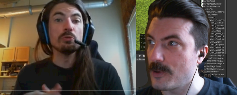 Two pics of the same developer, me! Left is me at the start of the project, with long hair to my elbows and a beard. Right is me now with a tightly style undercut and just a mustache.