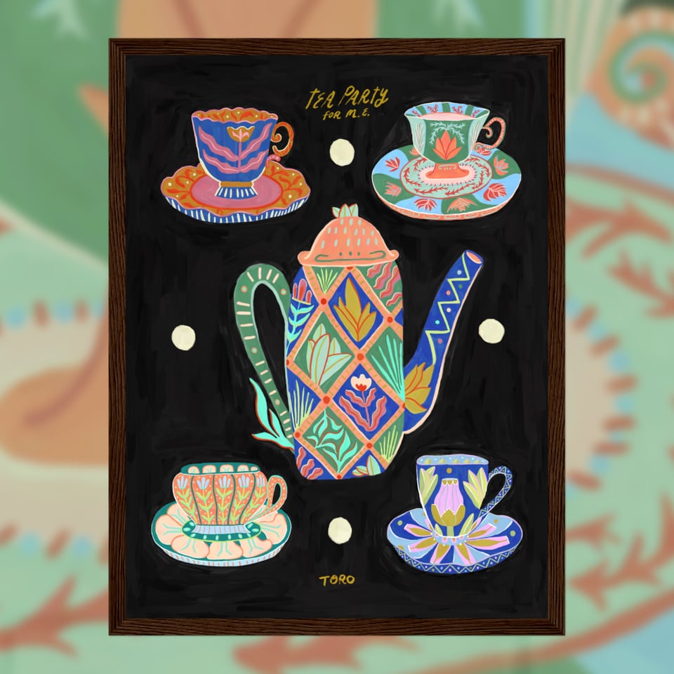 a dark wood framed print of 4 colorful floral teacups and a teapot