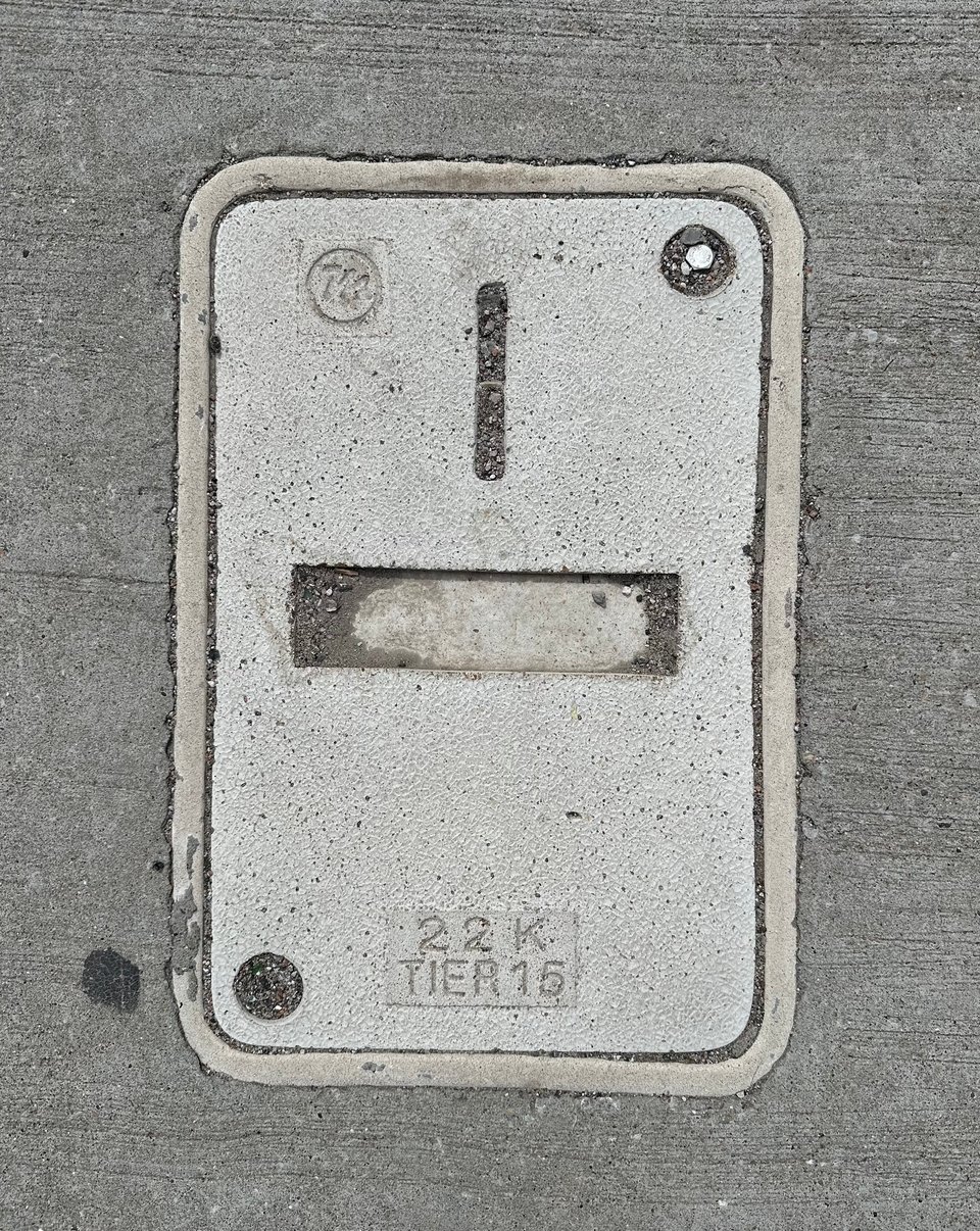 photo of a sidewalk access panel that looks like a human face