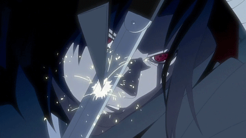 An animated GIF of two characters, Uchiha Itachi and Uchiha Sasuke, from the anime series "Naruto: Shippuden" fighting each other with knives.