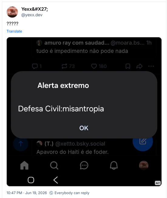 Post de Yexx' (‪@yexx.dev‬): ????? (Detalhe de captura de tela com Alerta Severo da Defesa Civil, escrito apenas “Misantropia”)