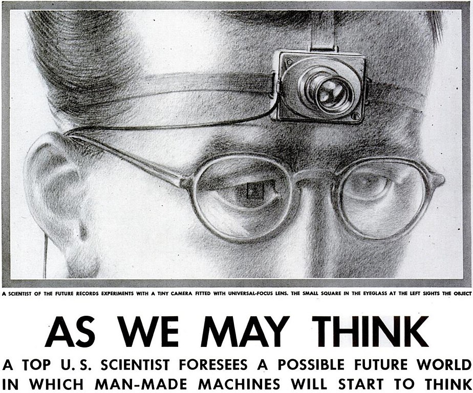 Image from the original Atlantic publication to accompany As We May Think, showing a scientist with a camera strapped to their head.