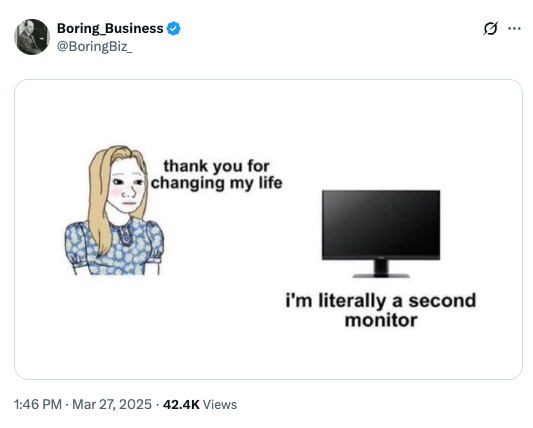 Meme on a life changing benefits of using the second monitor
