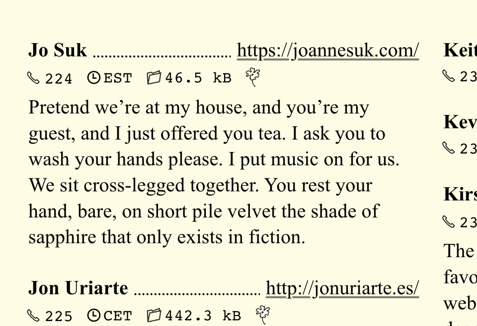 [An entry to the phone book by Jo Suk with a blurb that begins “Pretend we’re at my house, and you’re my guest, and I just offered you tea...”]