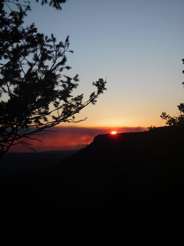 A half-circle sun setting behind a canyon rim with pine trees in silhouette.