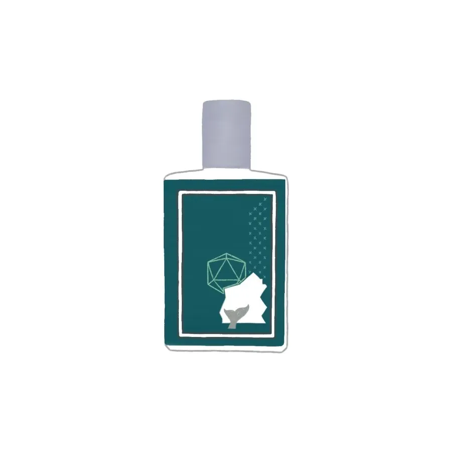 An illustration of a bottle of Every Storm a Serenade perfume, which has a deep teal label with a paler teal and white graphic design.