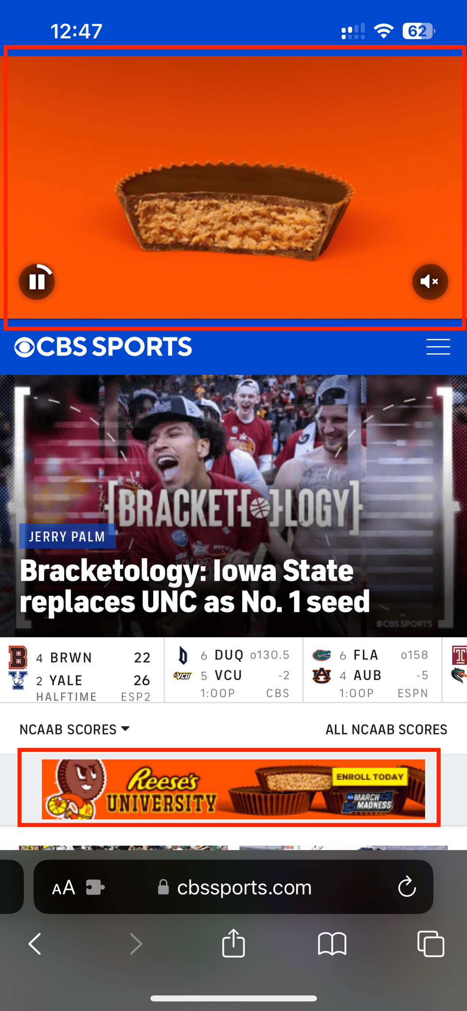 CBS Sports home page on mobile