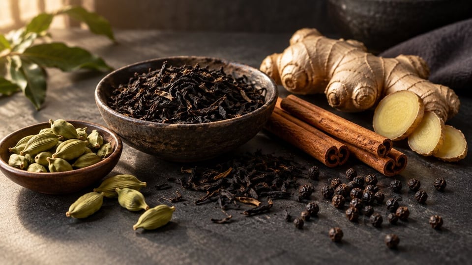 برگ چای سیاه کنار هل، دارچین، زنجبیل و فلفل